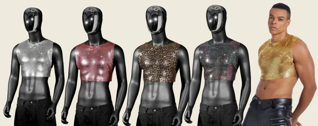 Wholesale metallic crop top for men — gay party wear