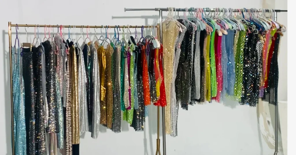 Best-selling wholesale gay apparel Q1 2026 — rhinestone tanks, mesh shorts, and party wear on display