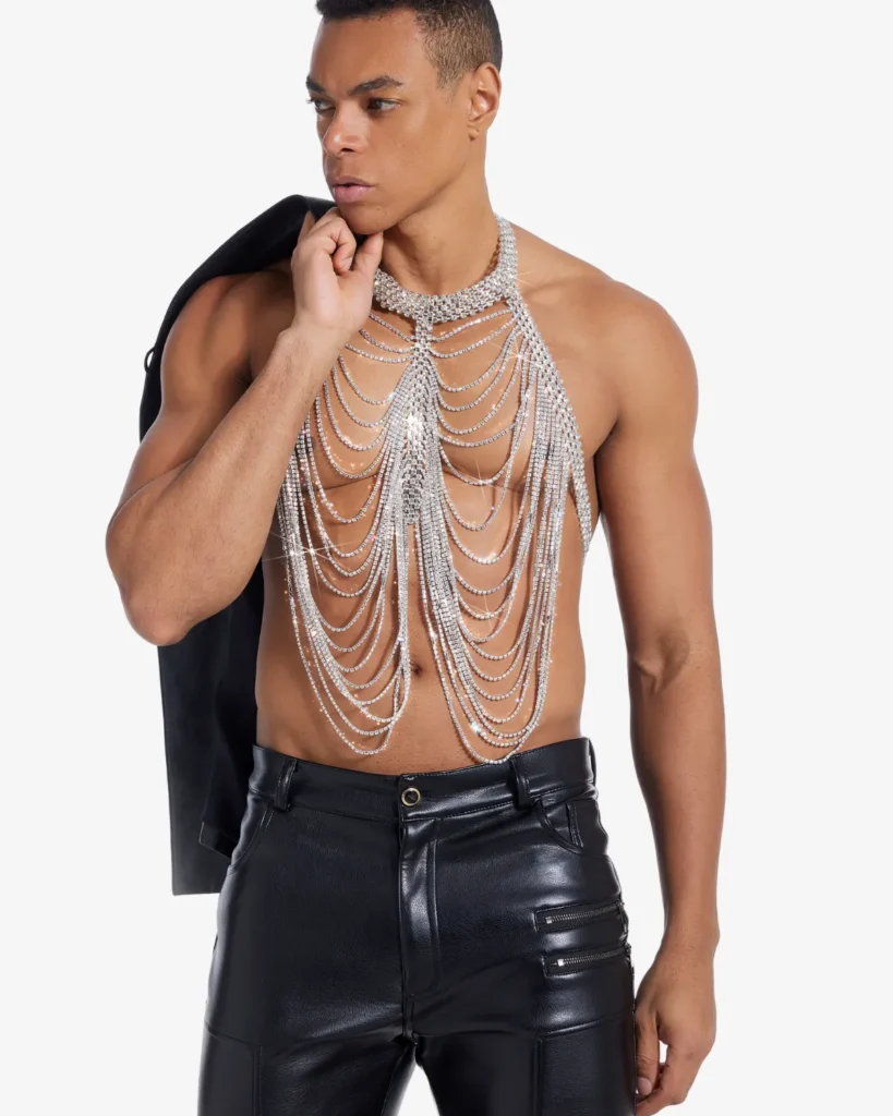 Silver rhinestone body chain harness - Sparkly men's halloween outfit ideas