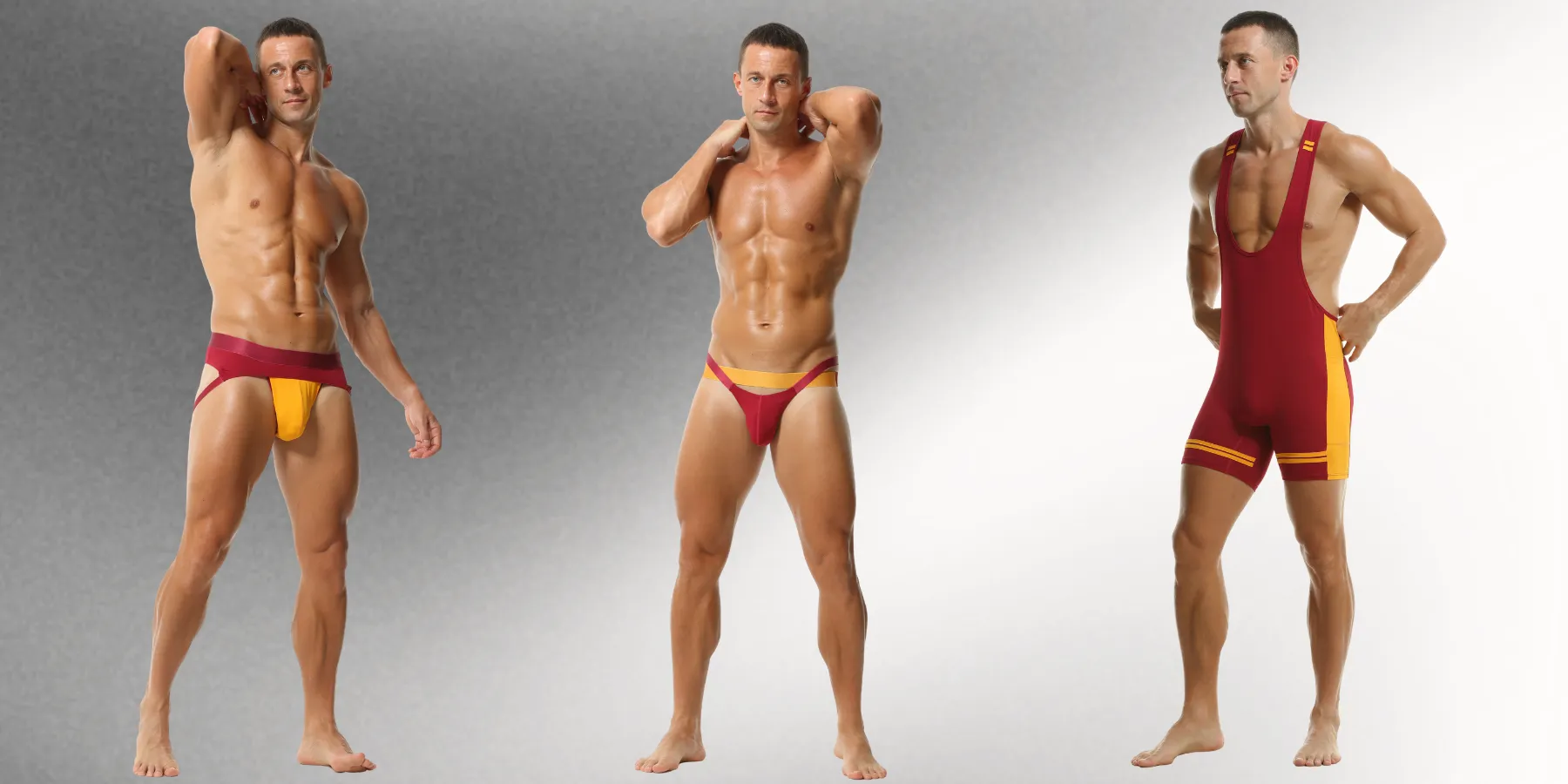 Wholesale gay jockstraps and singlets in burgundy and yellow — Spicy & Shiny