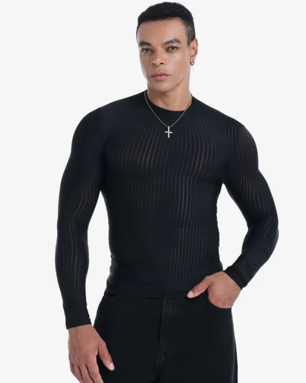 model wearing Wholesale Men's Black Sheer Striped Top