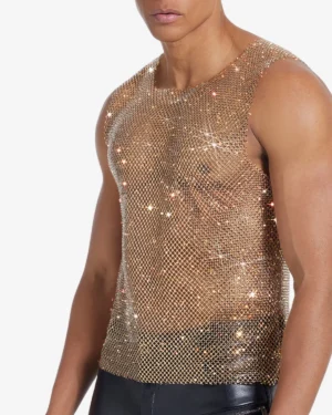 model wearing Gold Rhinestone mesh Tank Top wholesale