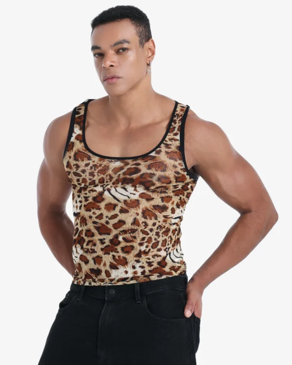 men wearing Leopard  Mesh Tank Top