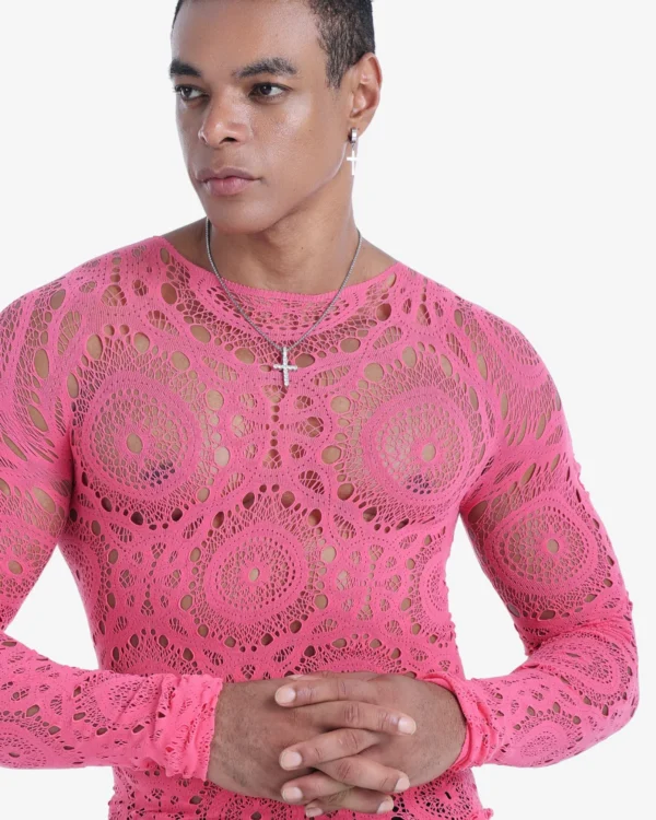 men wearing wholesale men's sheer knit top pink