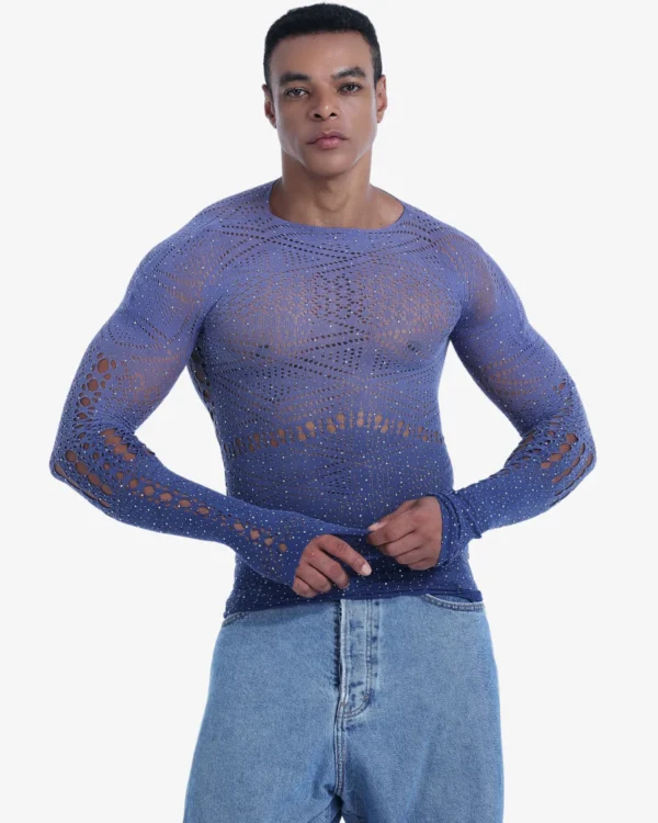 Model wearing wholesale men's sparkly mesh top