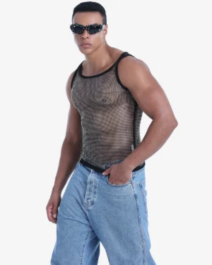 men wearing rhinestone mesh tank top