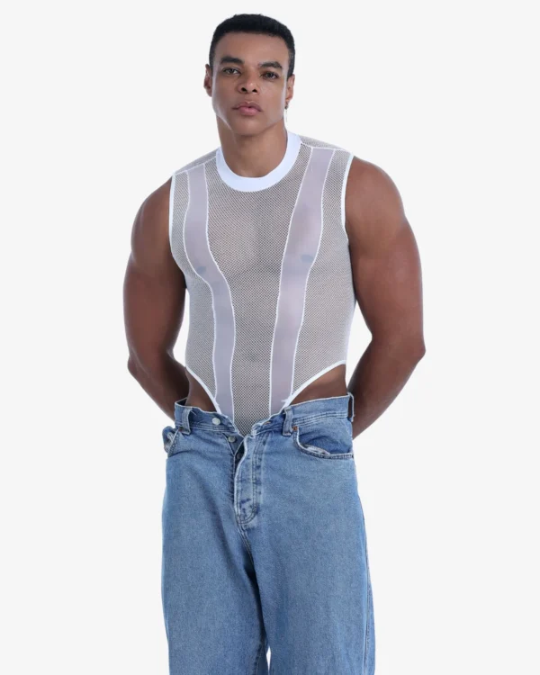 men wearing white mesh bodysuit