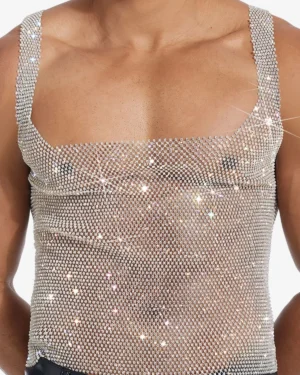 men wearing beige rhinestone crop top