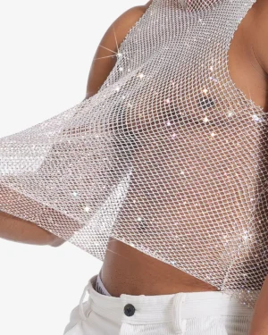 Model wearing Wholesale Men's Sexy Crystal Tank Top Beige