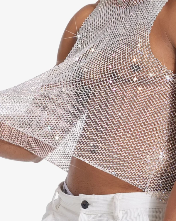 Model wearing Wholesale Men's Sexy Crystal Tank Top Beige