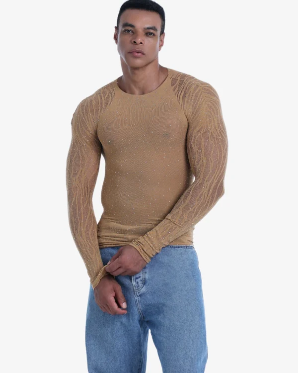 model wearing wholesale men's shimmer top