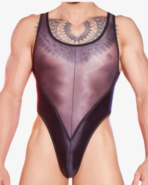 model wearing Men's sexy black mesh thong bodysuit