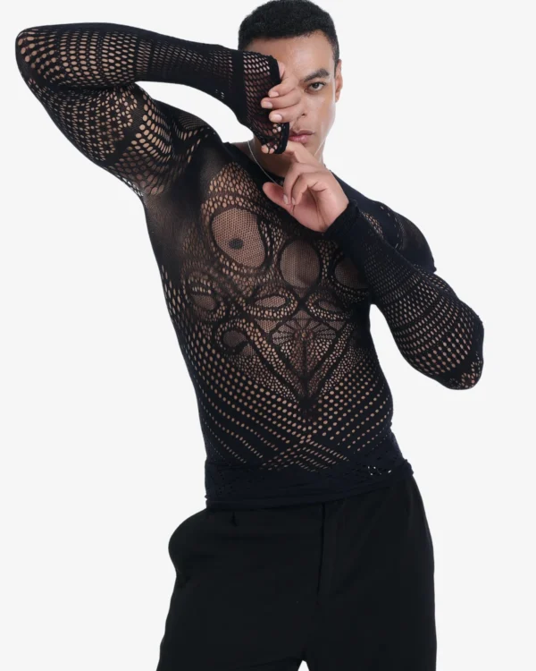 model wearing wholesale men's see through knit top