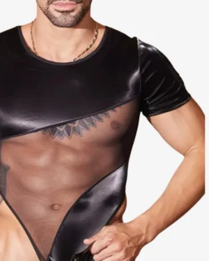 model wearing Men's Black Mesh Thong Bodysuit Wholesale