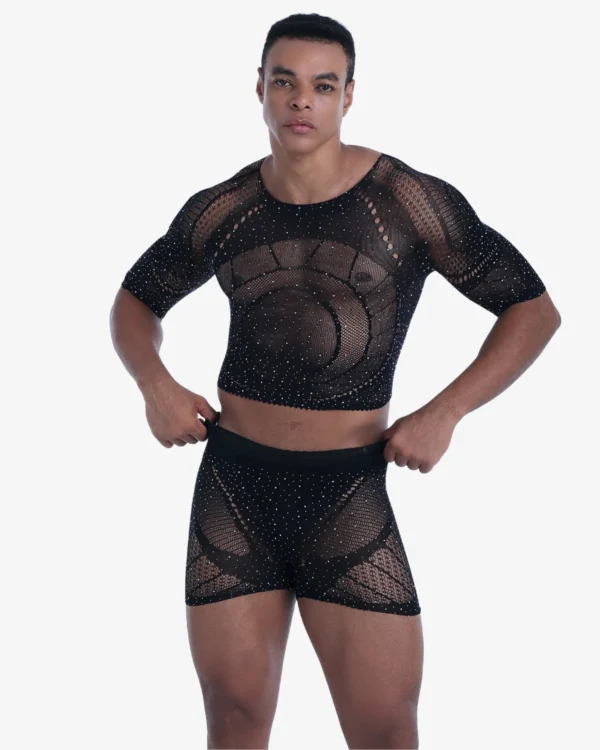 Model wearing Wholesale Men’s Black Lace Knit Bodysuit