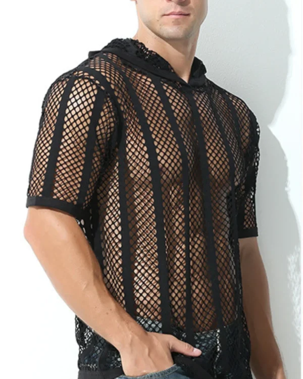 model wearing gay fishnet hoodie wholesale black
