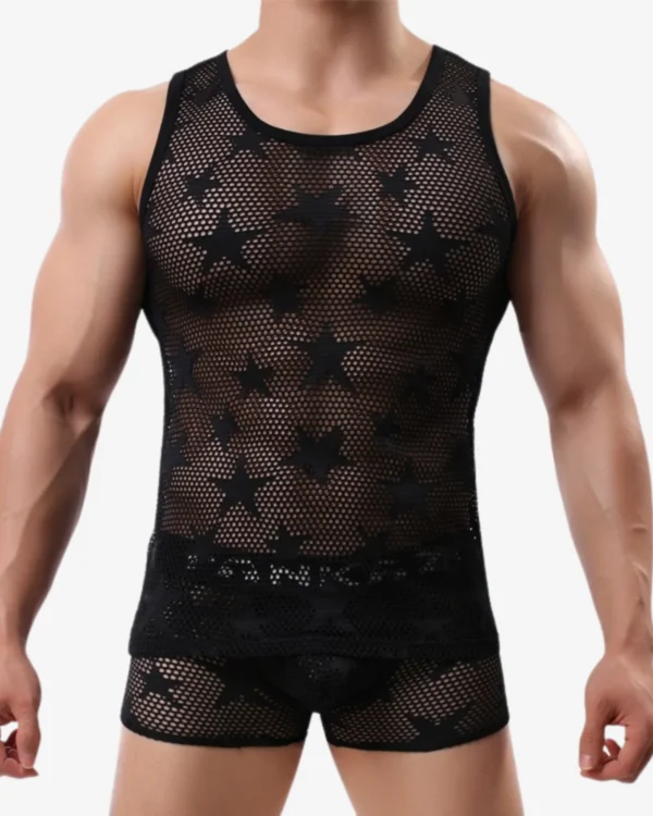 Model wearing men's trendy mesh tank top