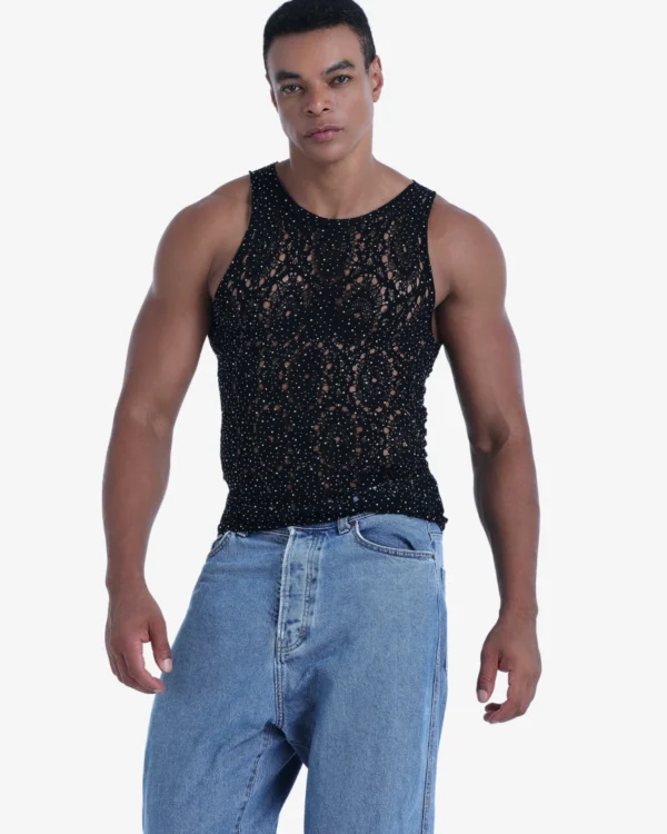 Model wearing Wholesale Men's Black Sparkly Tank Top