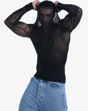 men wearing black sparkly top