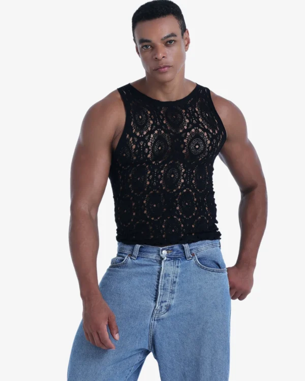 Model wearing Wholesale Men's Black Knit Tank Top