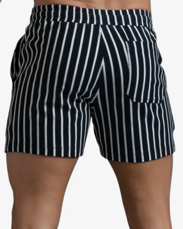 men wearing black and white pinstrip shorts