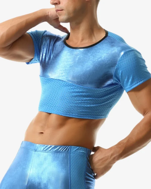 men wearing blue crop top