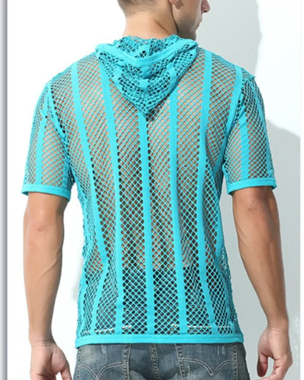 model wearing mesh fishnet hoodie wholesale blue
