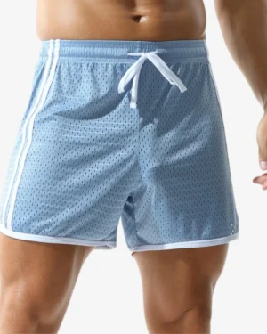 model wearing wholesale blue mesh lounge gay shorts
