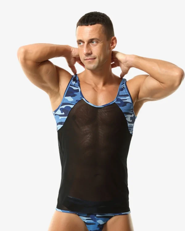 men wearing urban camo mesh tank top