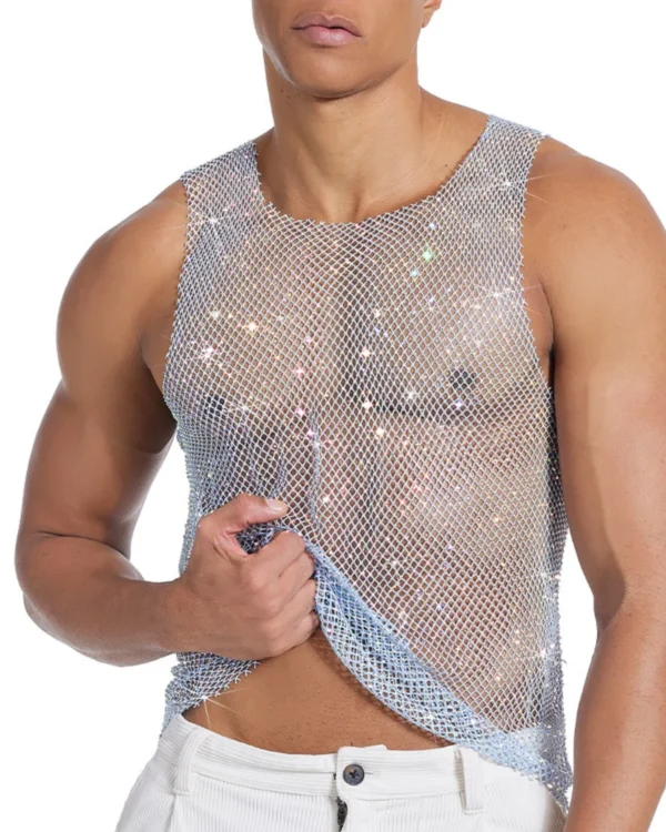 Sexy Crystal Mesh Tank Top Blue | Wholesale