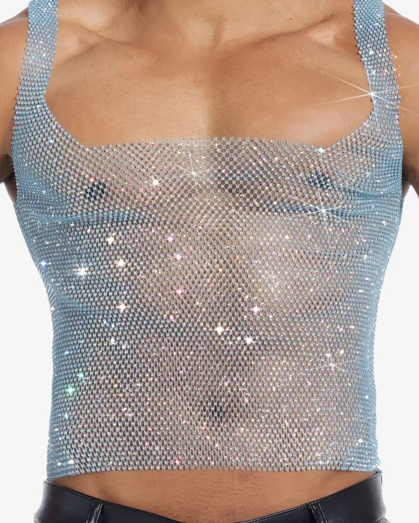 model wearing wholesale men's rhinestone tank top blue