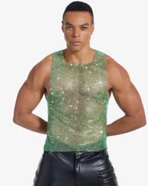 men wearing green rhinestone mesh tank top wholesale