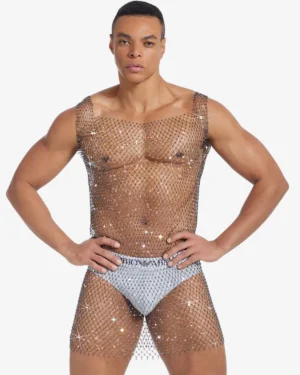 model wearing Wholesale Men's Fishnet Rhinestone Top