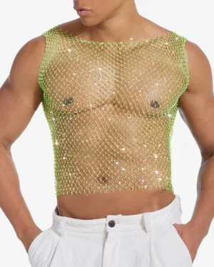model wearing Wholesale Men's Rhinestone Fishnet Crop Top