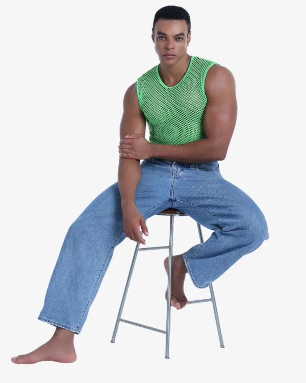 men wearing green fishnet crop top
