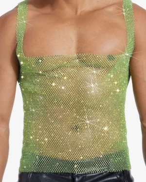 model wearing wholesale men's rhinestone tank top