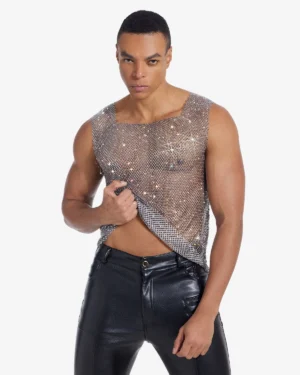 model wearing rhinestone mesh tank tops wholesale