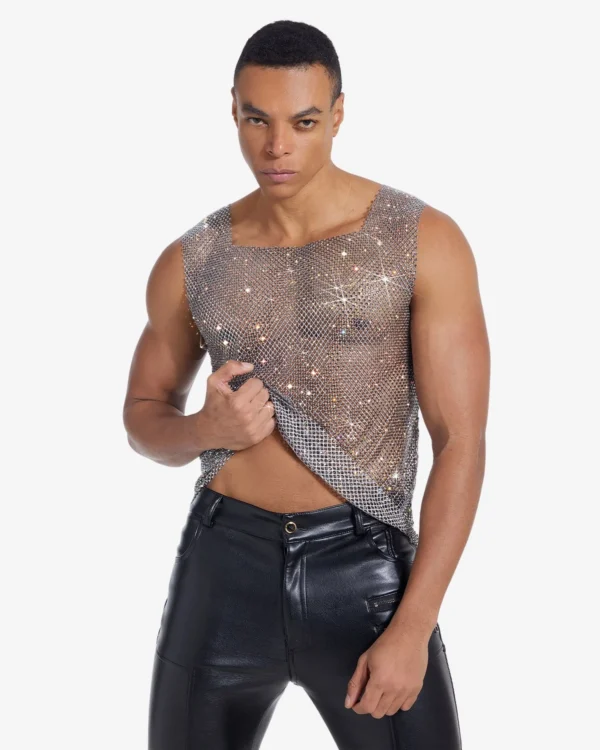 model wearing rhinestone mesh tank tops wholesale