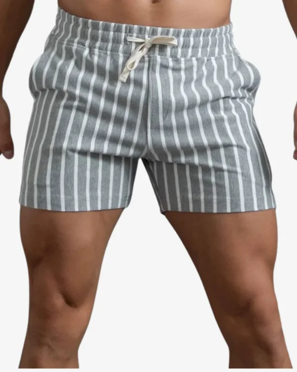 men wearing grey pinstripe shorts