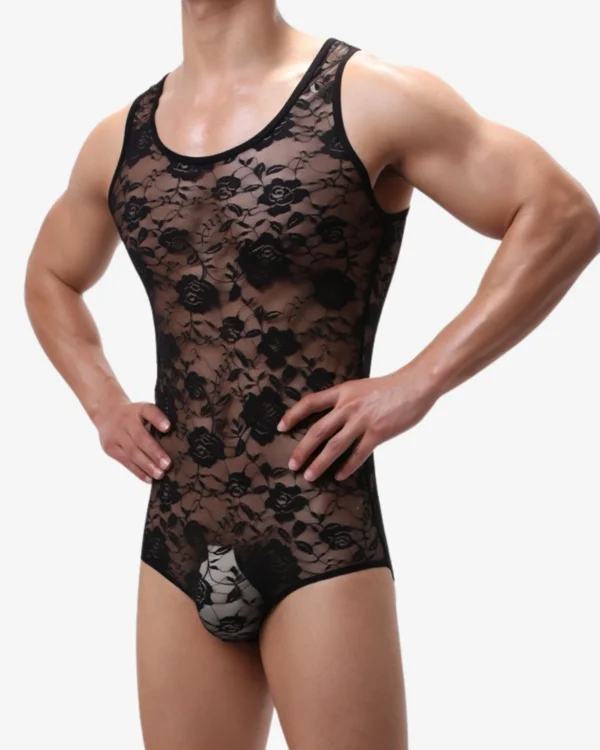 model wearing floral lace mesh bodysuit