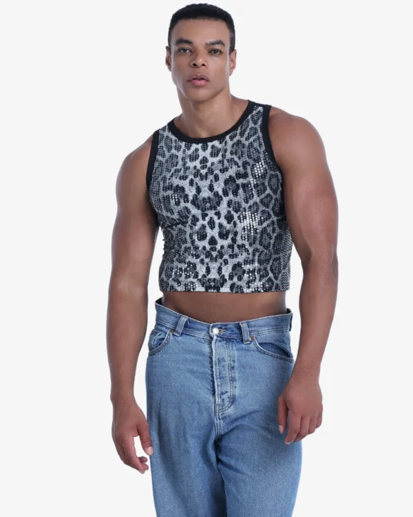 men wearing leopard sparkly top