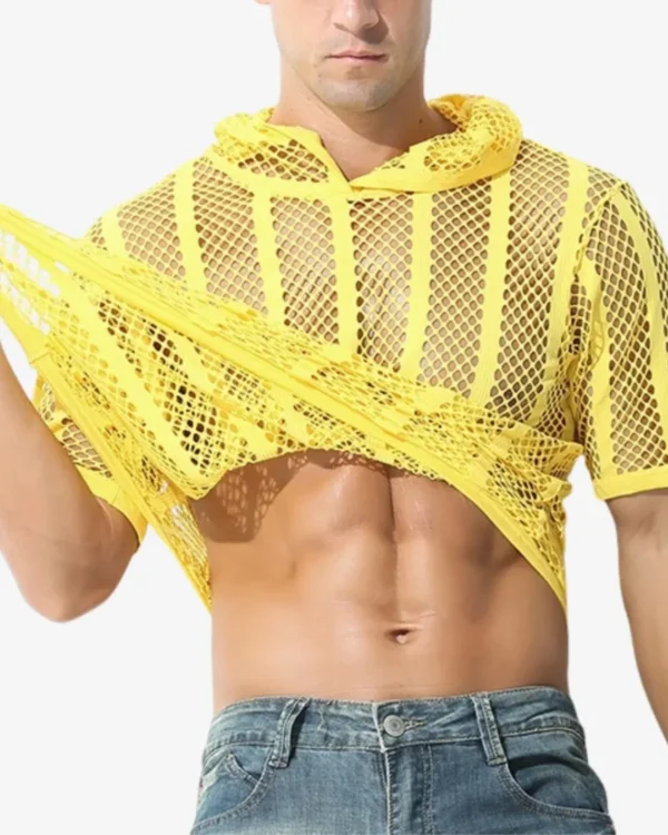model wearing wholesale fishnet hoodie top