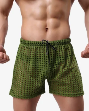 model wearing wholesale sexy green mesh fishnet men's shorts