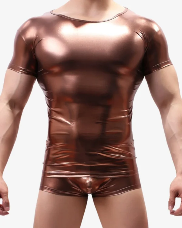 model wearing wholesale men's holographic tank top