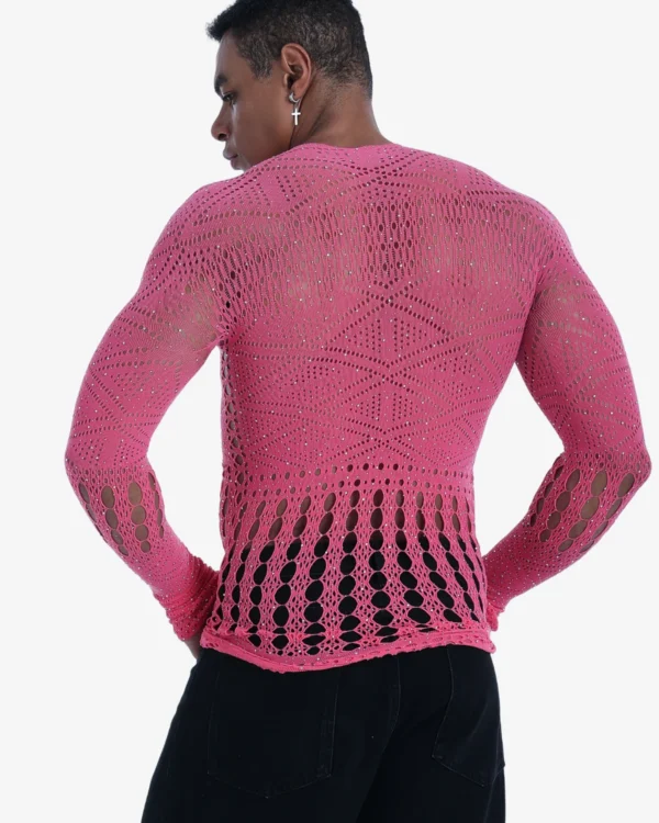 model wearing Wholesale Sheer Knit Top For Men pink