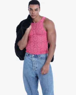 men wearing pink sleeveless tank top