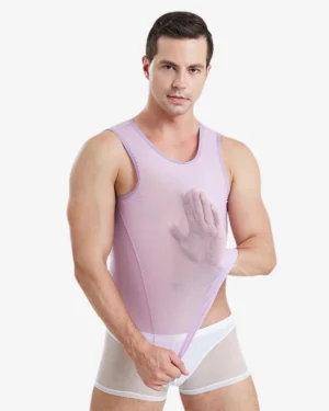 men wearing purple sheer mesh tank