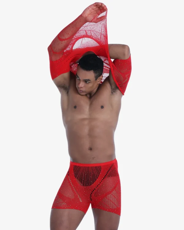 model wearing Wholesale Men’s Red Lace Knit Bodysuit