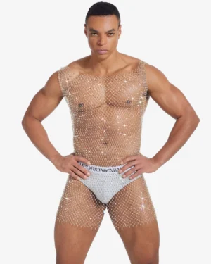 model wearing wholesale men's fishnet rhinestone top