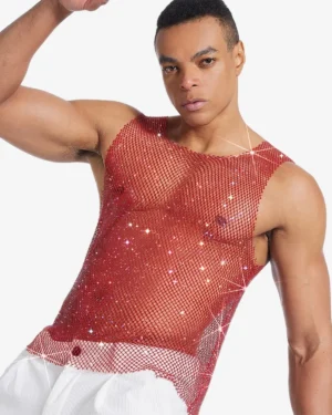 model wearing rhinestone pride tank top